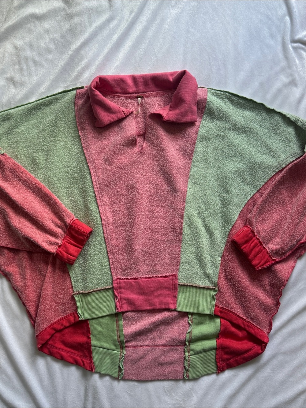 Free People Pink and Mint Green Colorblock Collared Sweater